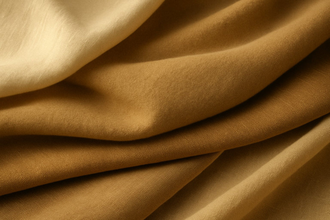 Close-up of layered natural fabrics — raw silk, soft cashmere, virgin wool, and breathable linen — captured in warm daylight highlighting texture and drape.