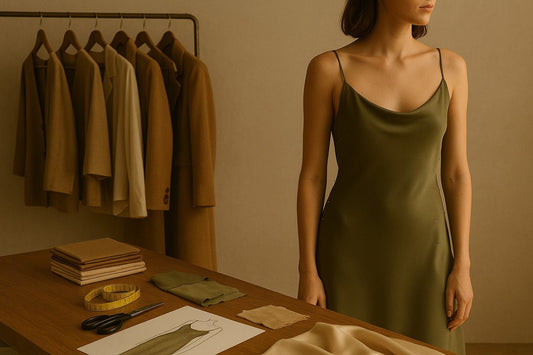 A tailor’s table is covered with silk, fabric swatches, measuring tools, and a sketch of a dress. In the background, a model is mid-fitting, wearing a pinned, unfinished silk slip dress, with other in-progress BRADIC pieces hanging behind.