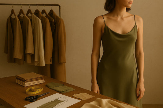 A tailor’s table is covered with silk, fabric swatches, measuring tools, and a sketch of a dress. In the background, a model is mid-fitting, wearing a pinned, unfinished silk slip dress, with other in-progress BRADIC pieces hanging behind.
