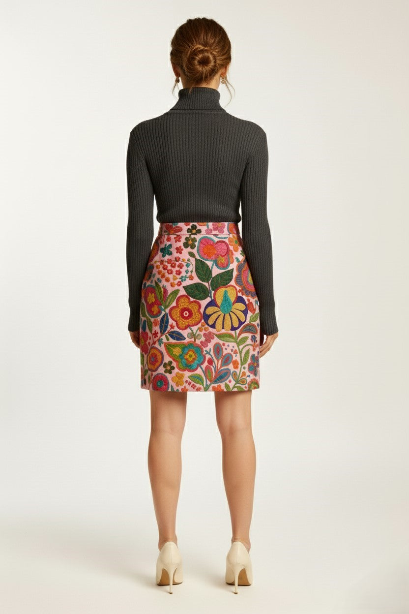 Woman wearing a colorful floral cashmere skirt with a plain background
