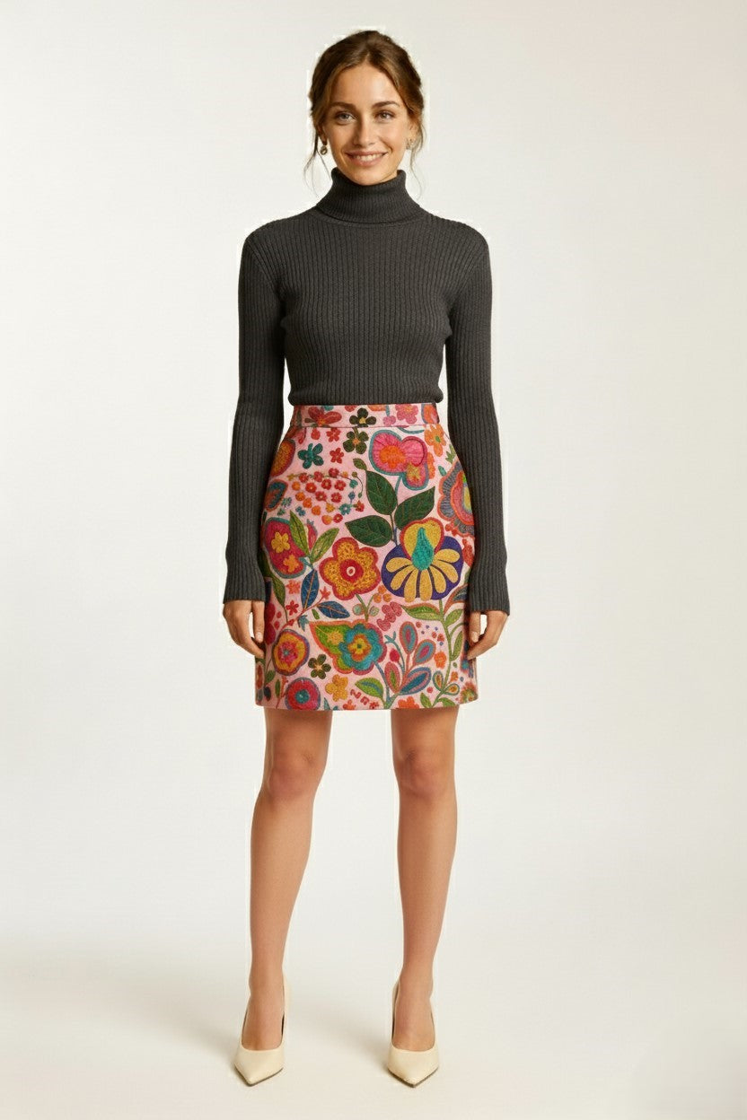 Woman wearing a dark gray turtleneck and colorful floral cashmere skirt on a white background