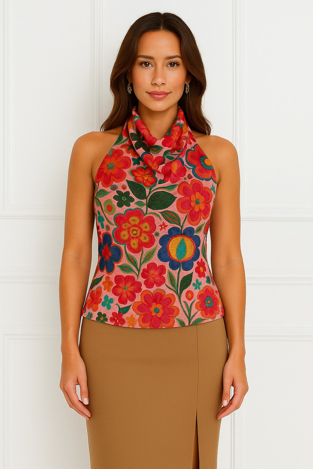 Woman wearing a colorful silk and cashmere floral halter top against a white background