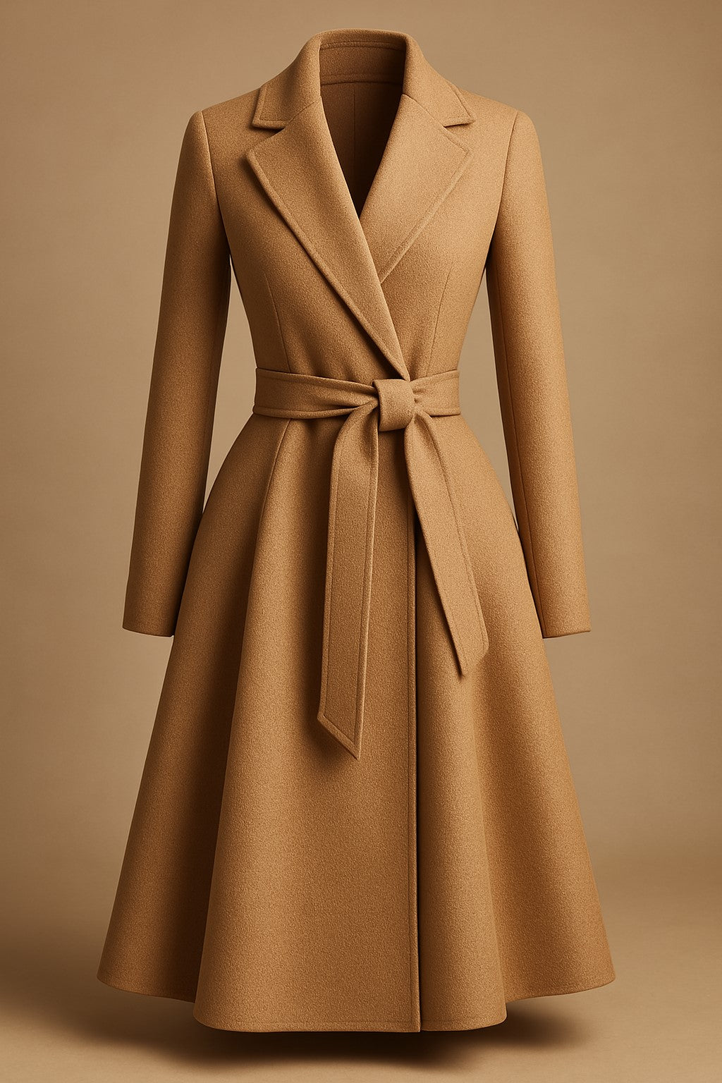 Women's long camel cashmere coat with tailored silhouette
