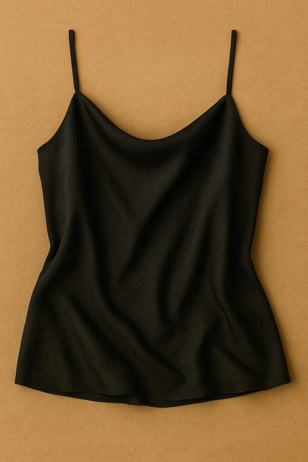 Charcoal silk camisole with fine straps and fluid neckline