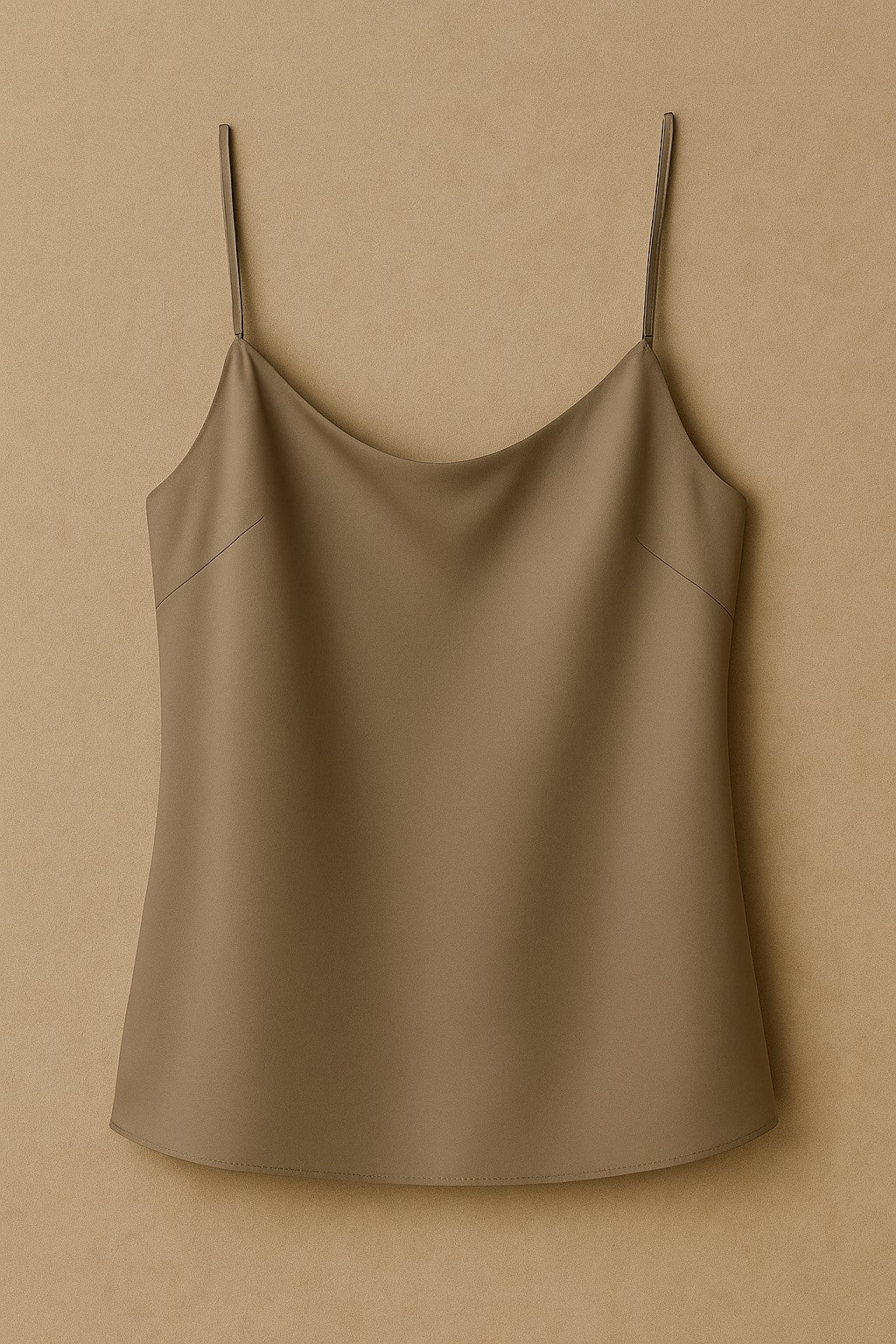 Muted taupe silk camisole with fine straps and fluid neckline
