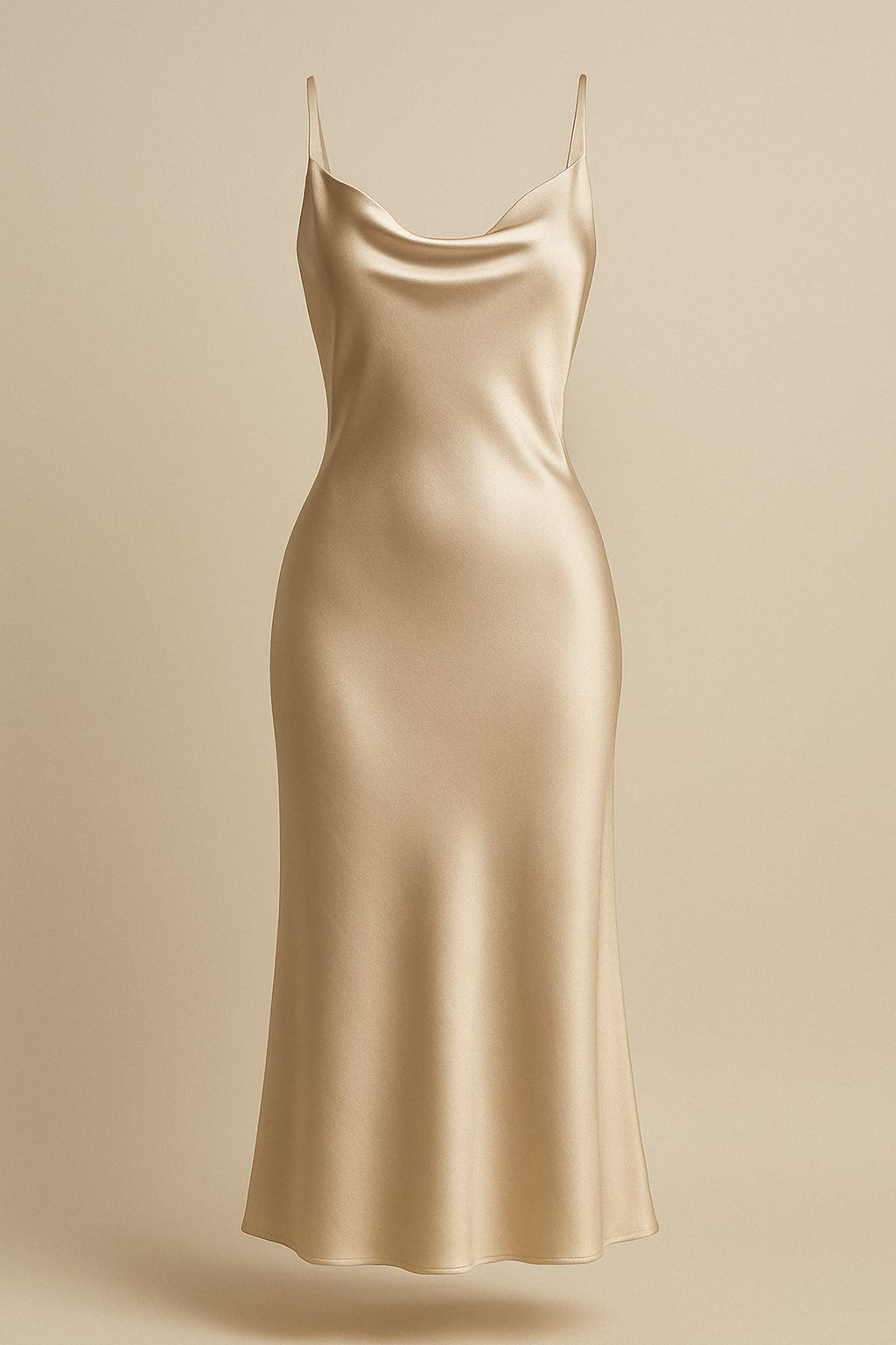 Champagne silk slip dress on a beige background