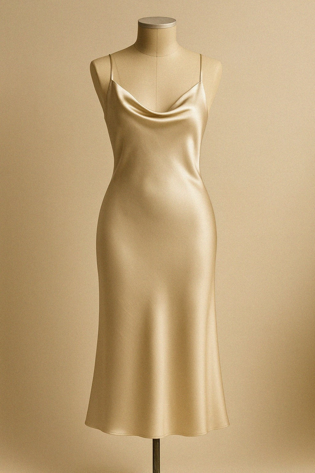 Champagne silk slip dress on a beige background