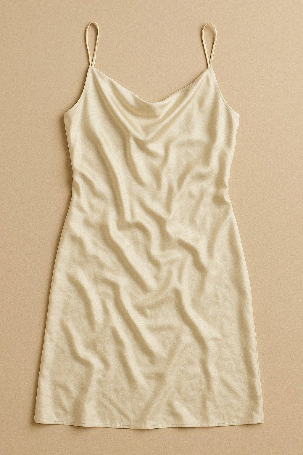 Champagne 19 momme silk slip dress on a beige background
