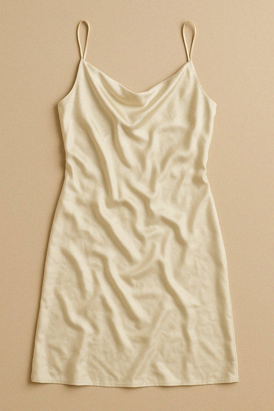 Champagne 19 momme silk slip dress on a beige background