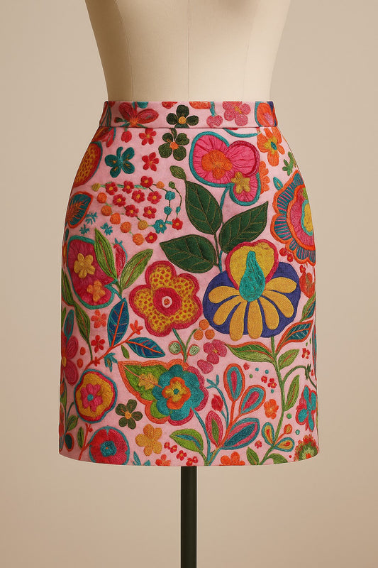 Colorful floral cashmere skirt on a mannequin against a beige background