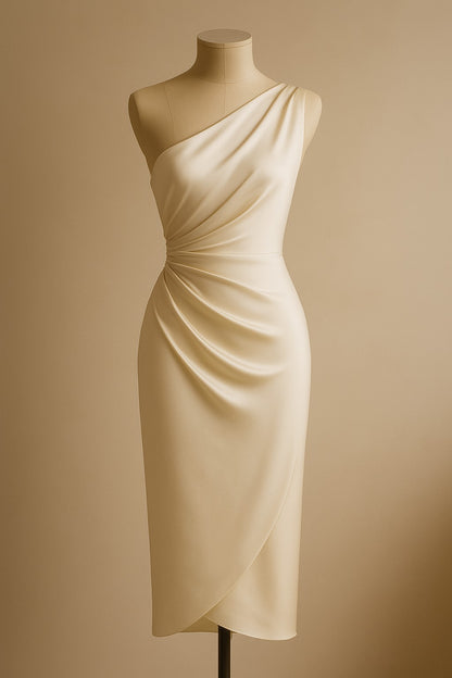 Made to measure silk one-shoulder dress on a mannequin.
