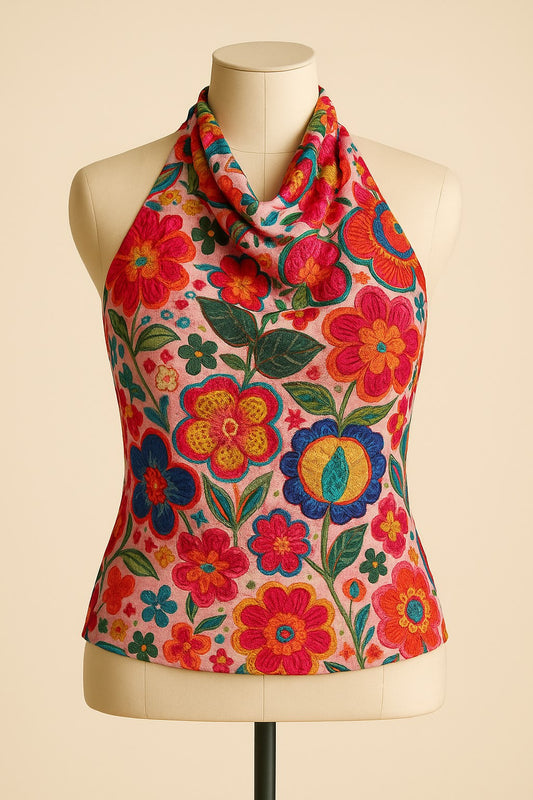 Colorful silk and cashmere floral halter top on a mannequin against a beige background