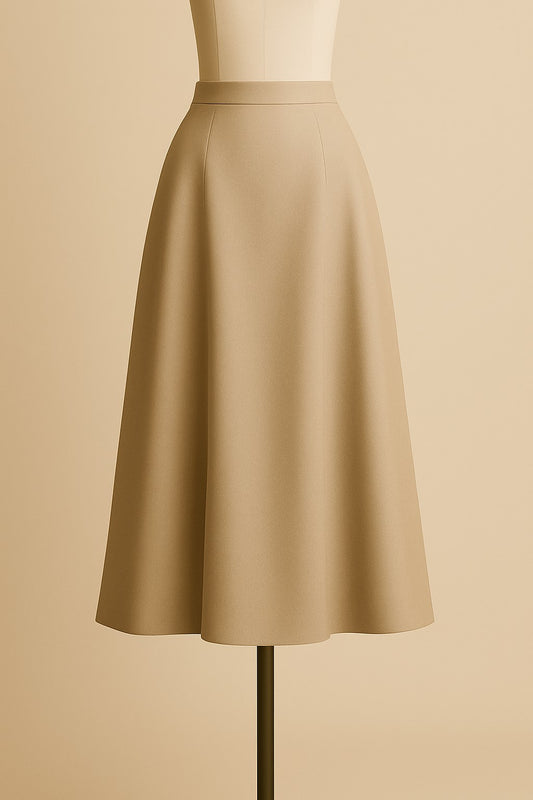 Beige A-line wool dress with refined, minimalist tailoring