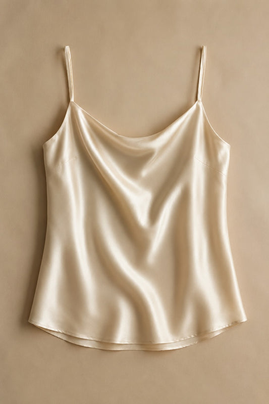 A beige mulberry silk camisole top with thin spaghetti straps, displayed flat against a matching beige background.
