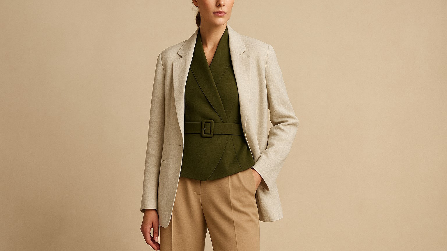 Woman wearing a linen blazer over a green wool west and beige pants on a beige background