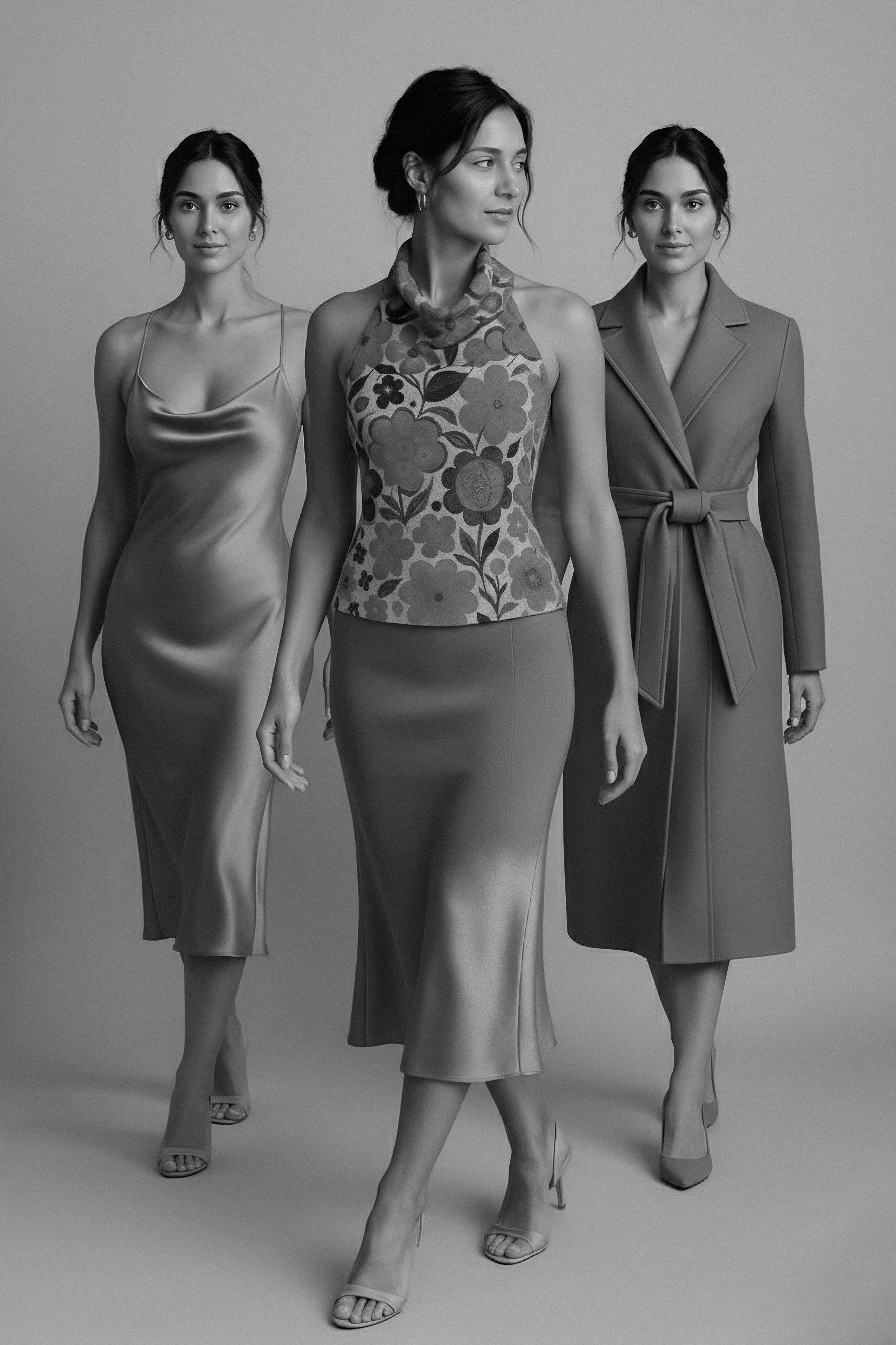 Three women wearing different outfits against a neutral background