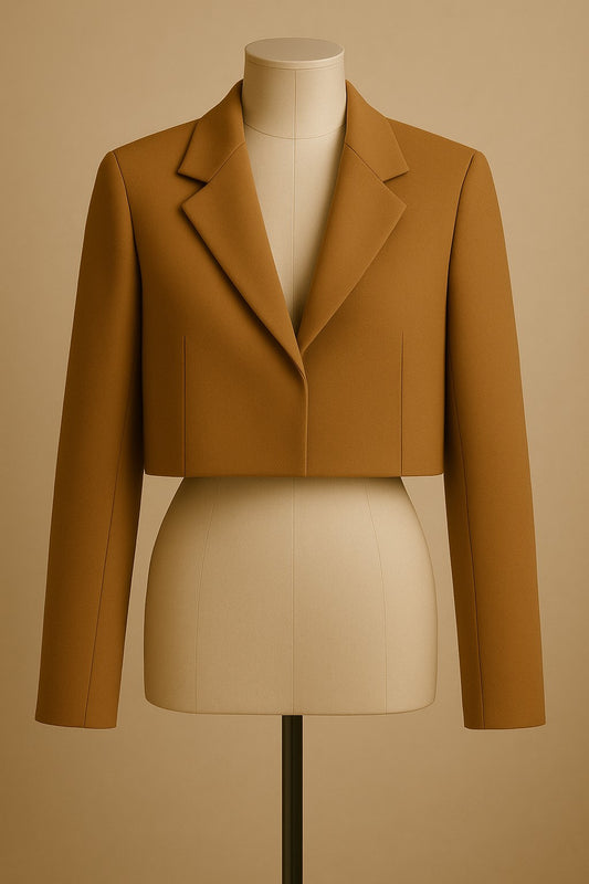 Cropped camel cashmere jacket with structured shoulders