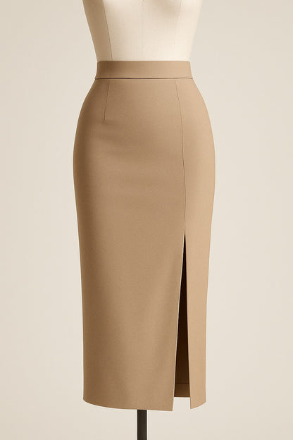 Beige cashmere pencil skirt with high waist and side slit