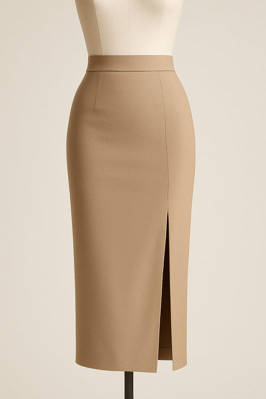 Beige cashmere pencil skirt with high waist and side slit