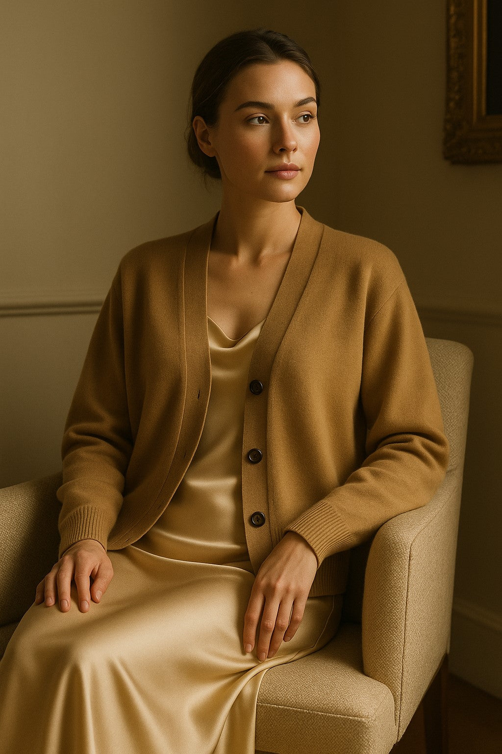 Woman wearing a beige cardigan over a silk dress sitting on a chair.