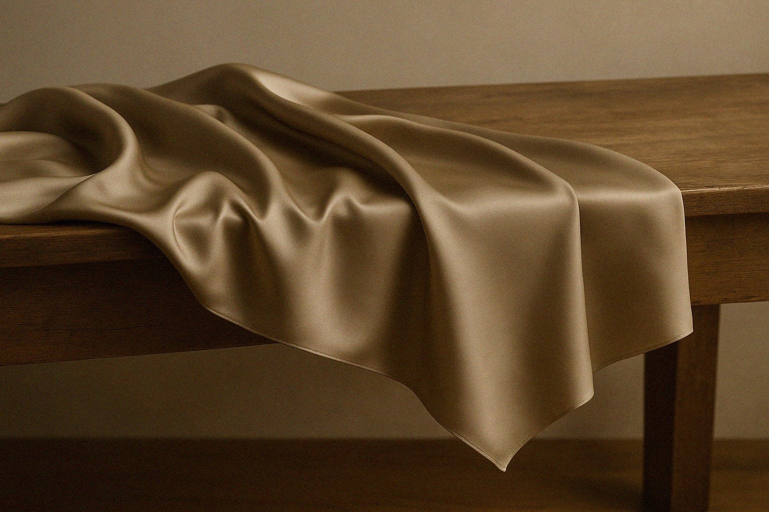 Champagne mulberry silk draped over a wooden table with a neutral background