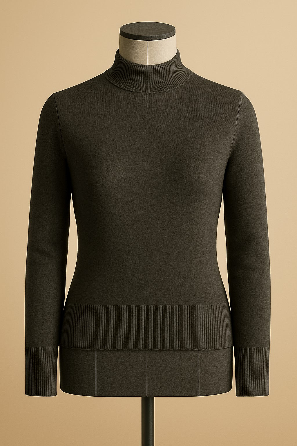Charcoal turtleneck sweater on a mannequin against a beige background