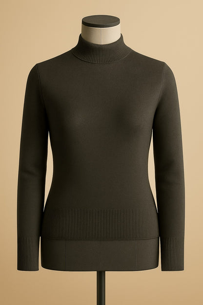 Charcoal turtleneck sweater on a mannequin against a beige background