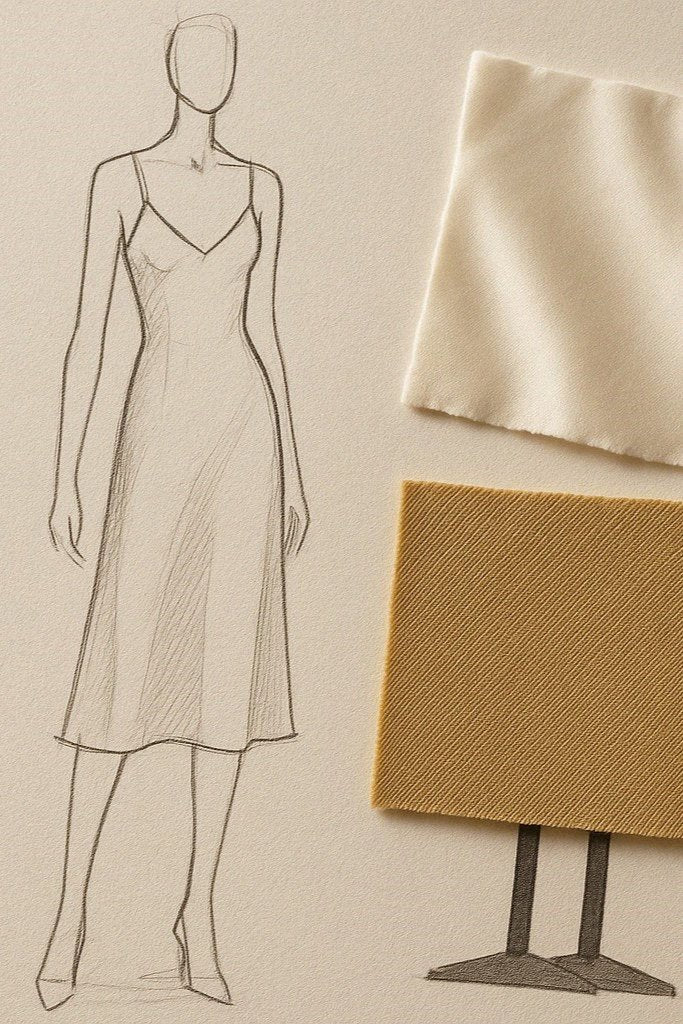 Custom design sketch of a dress and fabric swatches.
