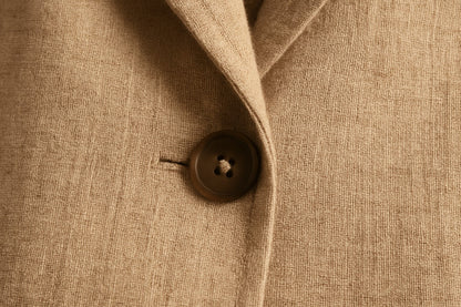 Close-up of a button on a linen blazer.