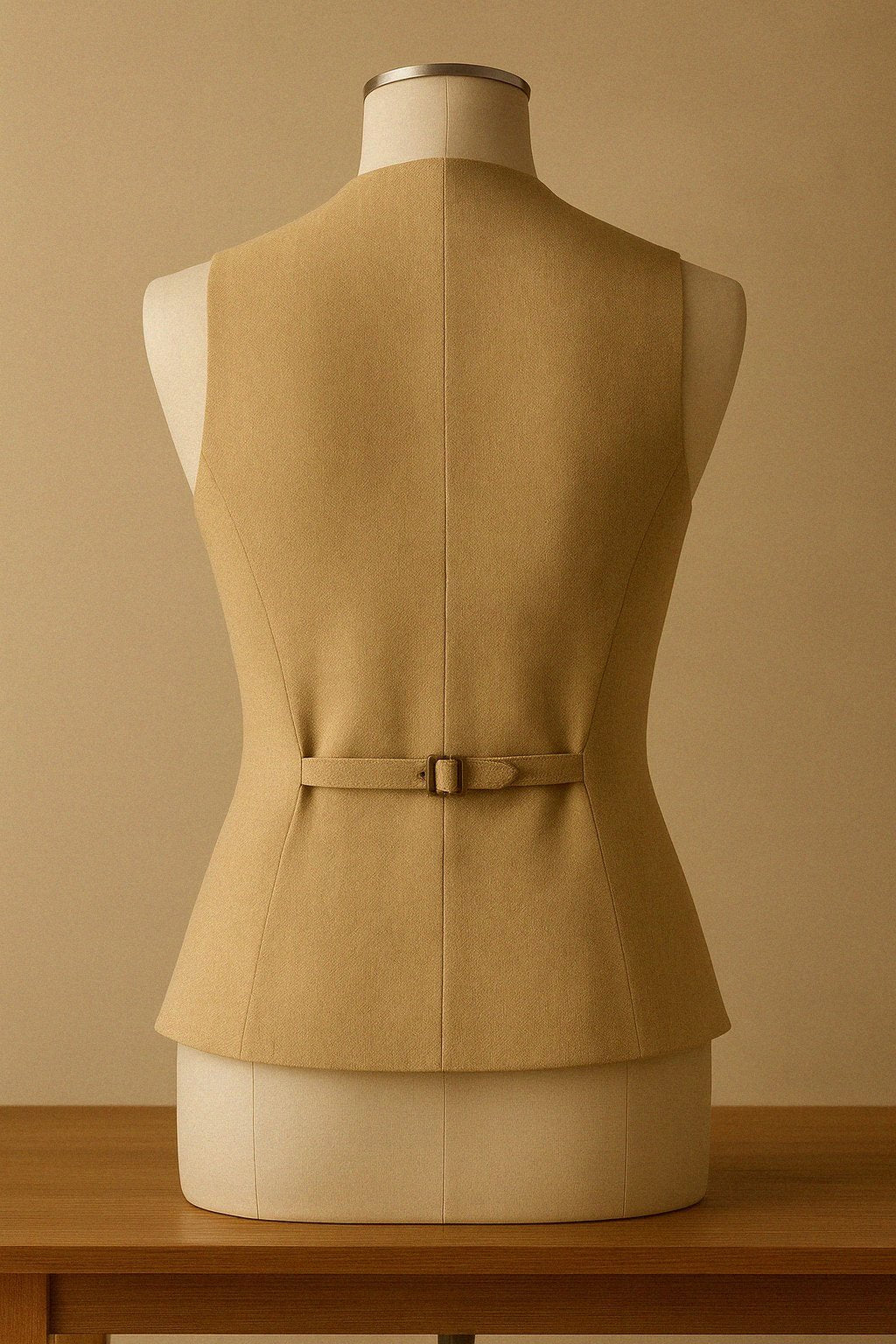 Linen and wool longline waistcoat on a mannequin against a beige background