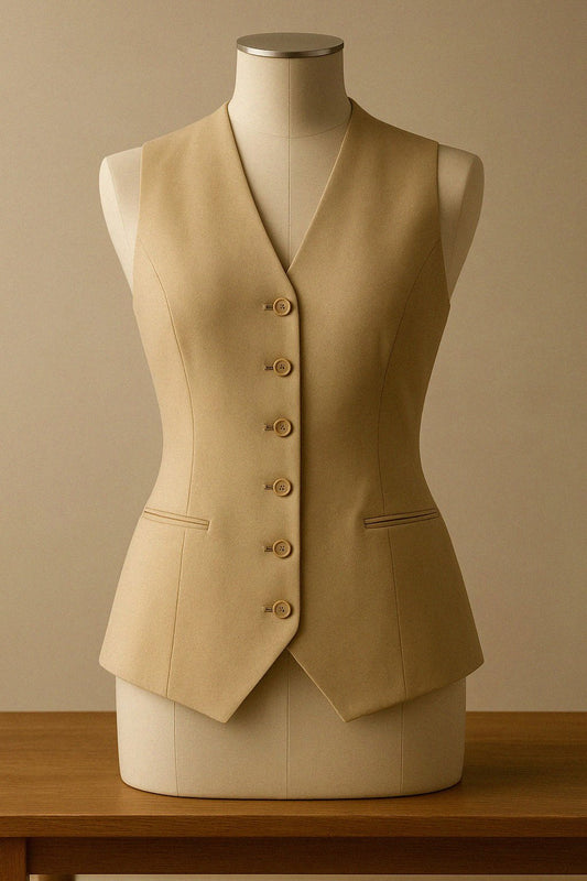 Linen and wool longline waistcoat on a mannequin.