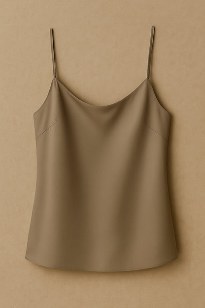 Muted taupe silk camisole with fine straps and fluid neckline