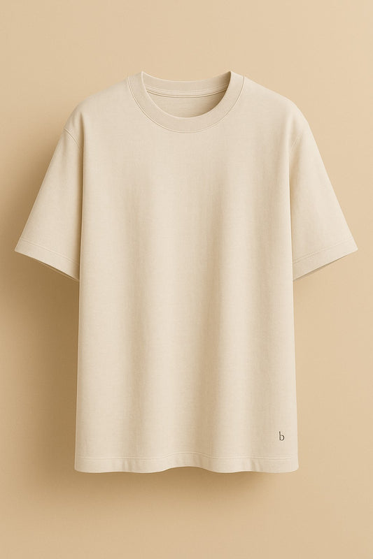 Beige oversized cotton t-shirt with dropped shoulders