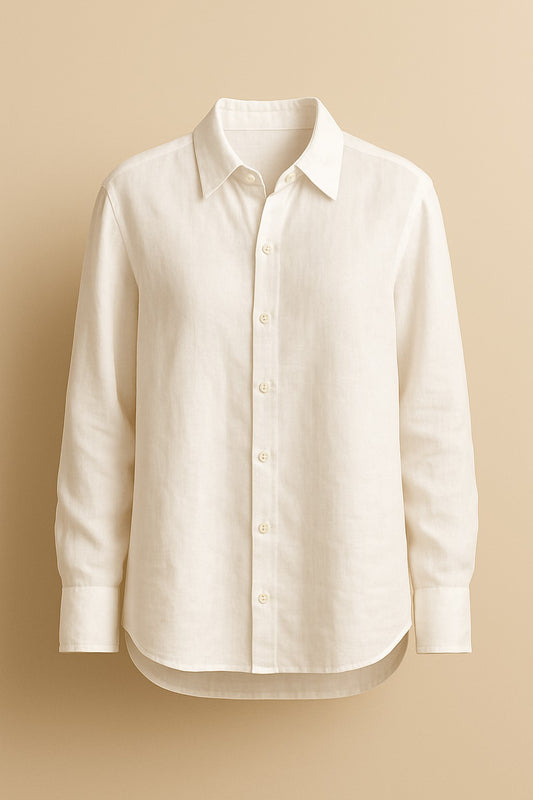 White relaxed-fit linen shirt with button-down front