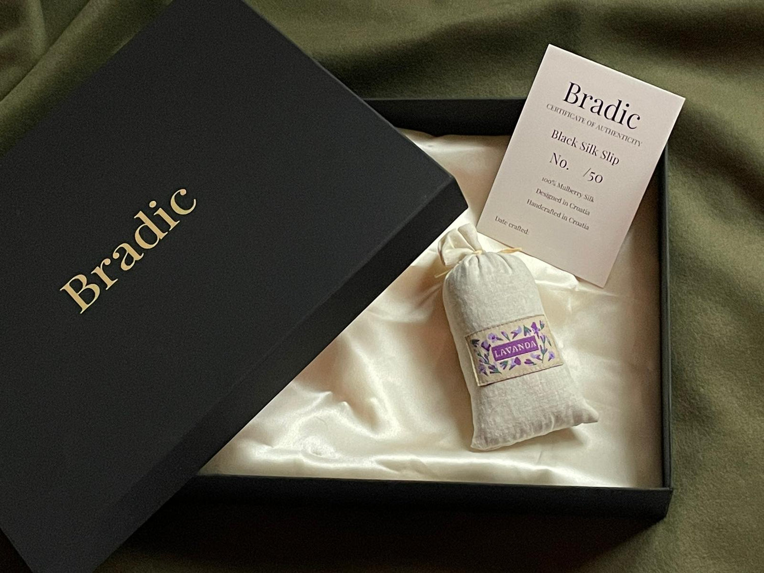 Signature Bradic packaging with lavander scent pouch and certificate of authenticity.