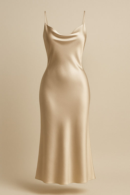 Champagne silk slip dress on a beige background