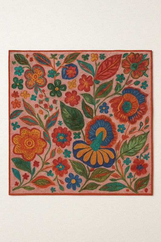 Colorful floral silk and cashmere scarf.