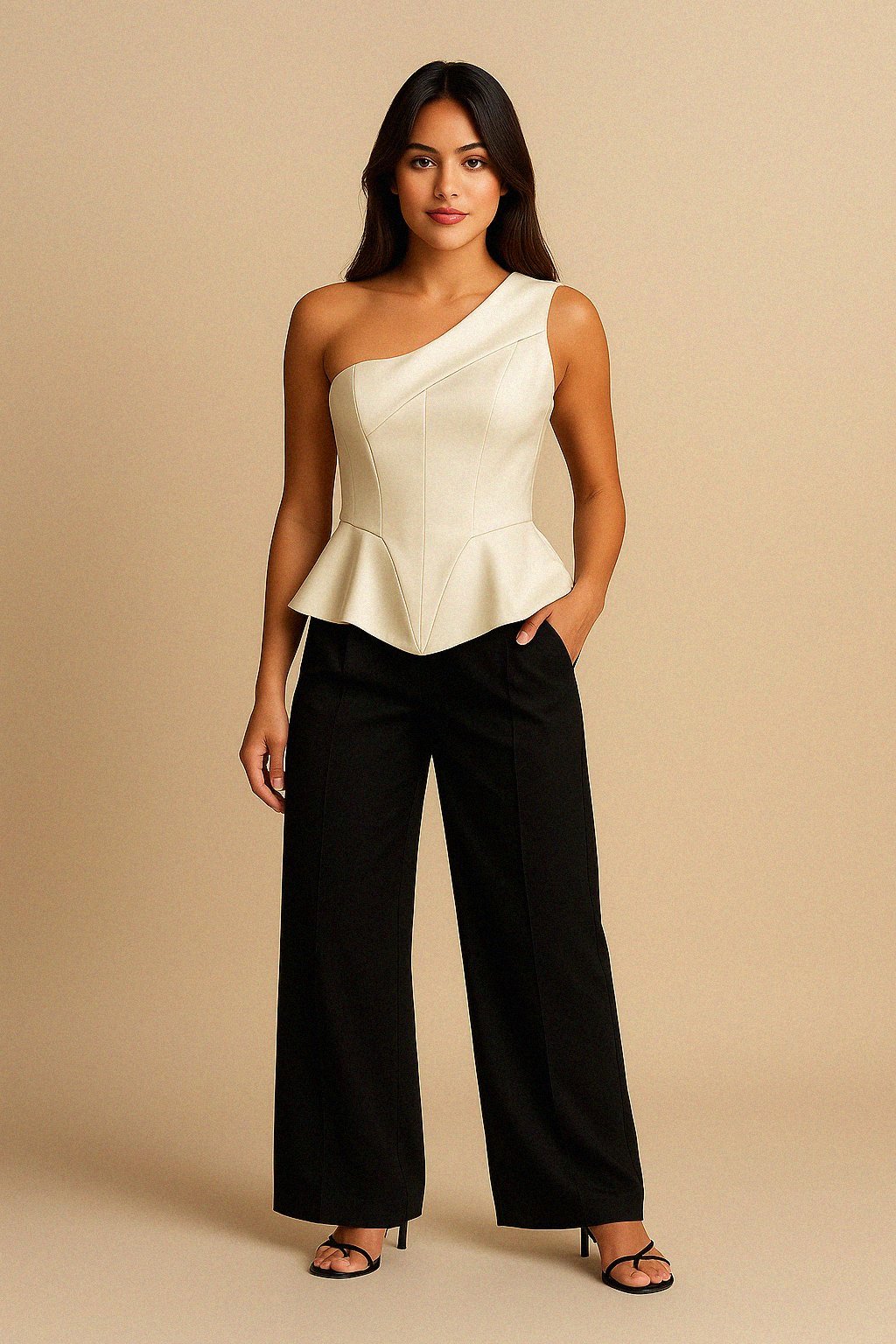Woman wearing a white one-shoulder silk top and black pants against a beige background