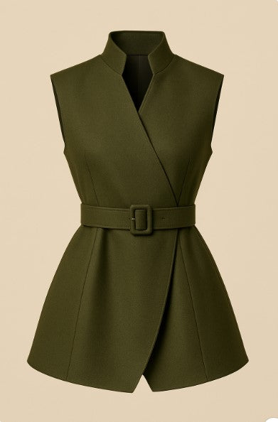 Olive wool vest with tailored fit and front pockets